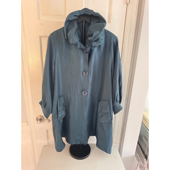 IC by Connie K Teal Ruffle Collar Swing Coat Jacket  L Shimmer Elegant Statement - Picture 1 of 10